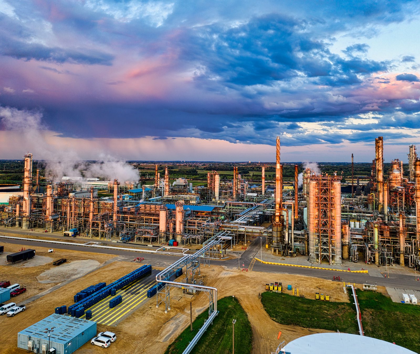 Refinery aerial view with dramatic sky